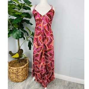 NEW York & Company Swirl Paisley Abstract Fuscia Pink Red Maxi Halter Top Dress